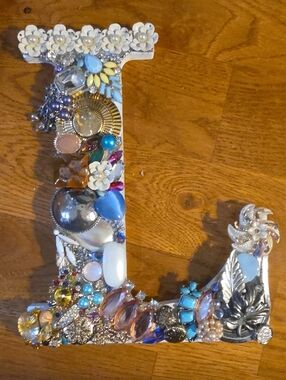 Embellished Decorative Letter L Or R - White, Blue, Gold Accents